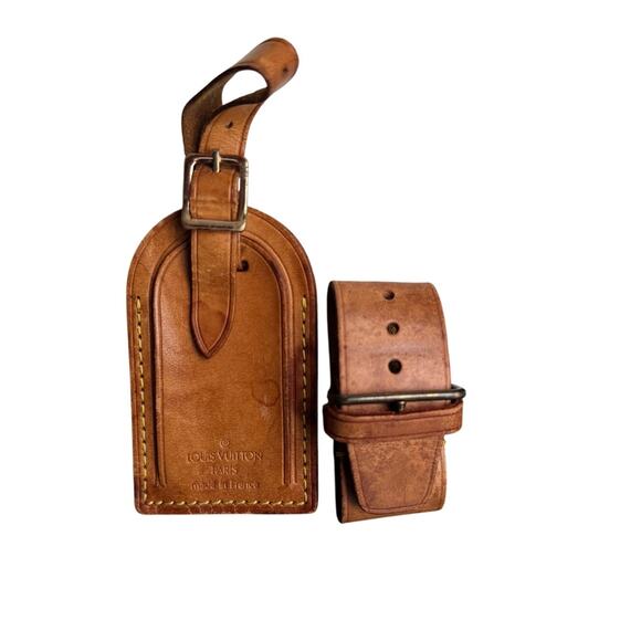 Authentic Louis Vuitton Vachetta Leather Name Luggage Tag And Poignet Set SN919 - Picture 1 of 4